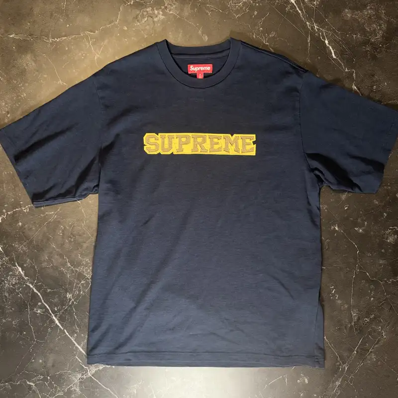 Supreme Satin Appliqué S/S Top Navy - 1