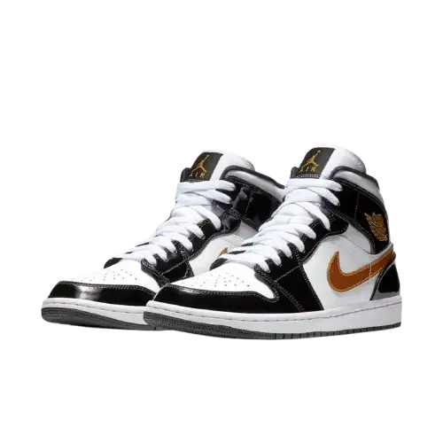 Jordan 1 Mid Patent Black White Gold - 1
